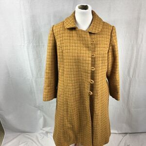 Gold plaid Vintage Medium long coat toggle closure snap front long sleeve h…